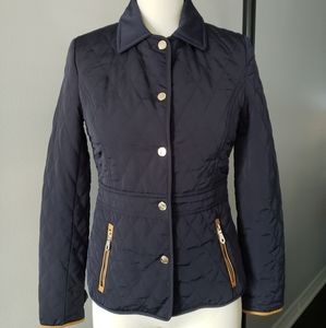 ♥️Never worn, Massimo Dutti navy blue quilted jacket with tan trim gold buttons